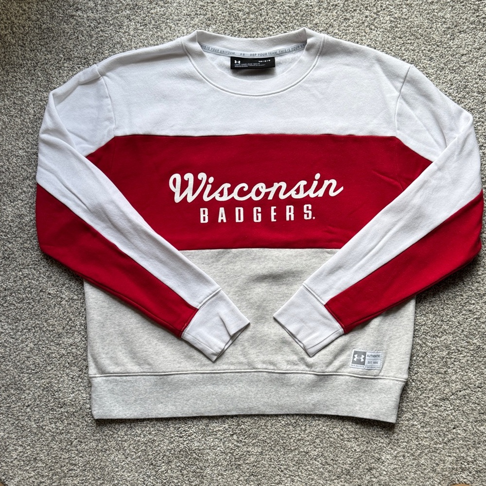 Under Armour Red and White Wisconsin Crewneck Sweater